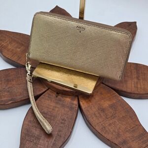 Fossil Logan Zip Around Clutch Wallet Metallic Gold Snake Embossed 8" x 4"